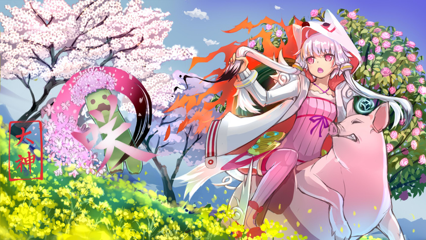 animal cape cherry_blossoms creeper crossover flowers grass hoodie long_hair minecraft okami pink_eyes purple_hair rose tree twintails vocaloid voiceroid watermark yuzuki_yukari