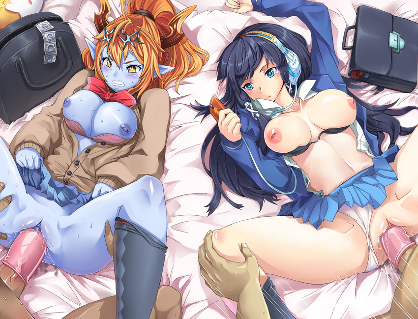 blush bra breasts ceda_(dace) condom headphones hera_(p&amp;d) horns isis_(p&amp;d) nipples open_shirt panties penis pointed_ears pussy puzzle_&amp;_dragons seifuku sex skirt skirt_lift uncensored underwear