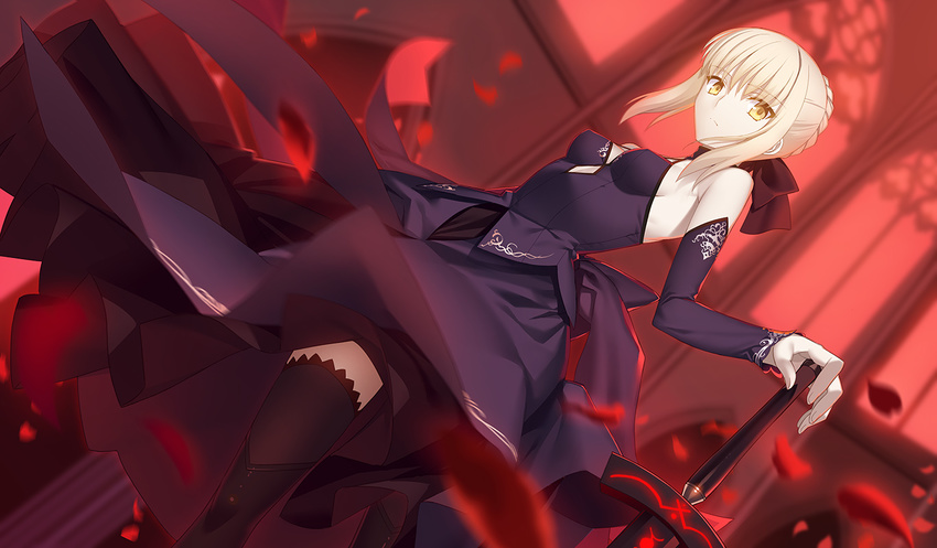 blonde_hair bow braids breasts cleavage dress fate/stay_night petals red saber saber_alter sword thighhighs weapon yangsion yellow_eyes