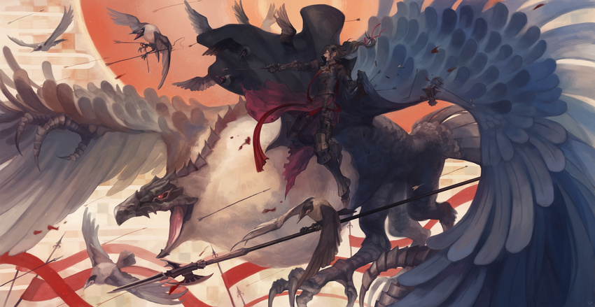 animal armor bird black_hair blood cape feathers long_hair oca pixiv_fantasia pointed_ears spear weapon