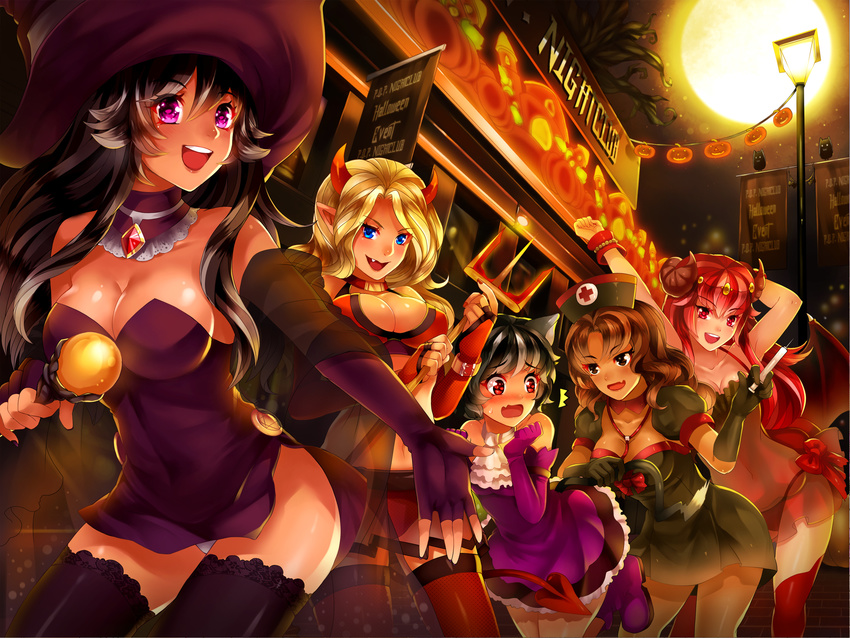 animal_ears audrey_belrose beli_lapran black_eyes black_hair blonde_hair blue_eyes blush brown_hair catgirl dress elbow_gloves gloves halloween hat horns hunie_pop jessie_maye kaskia kyanna_delrio lola_rembrite long_hair moon night original panties pointed_ears purple_eyes red_eyes red_hair short_hair tail thighhighs underwear wings witch_hat zettai_ryouiki