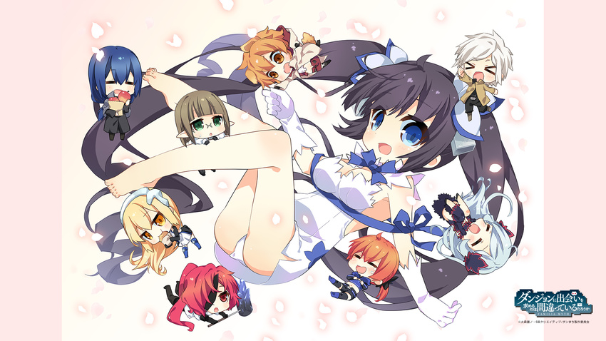 ais_wallenstein ass barefoot bell_cranel breasts chibi cleavage dress dungeon_ni_deai_wo_motomeru_no_wa_machigatteiru_darou_ka eina_tulle eyepatch freya_(danmachi) glasses hephaestus hestia_(danmachi) logo loki_(danmachi) male miach_(danmachi) naza_ersuisu no_bra panties pointed_ears takamura_masaya thighhighs underwear weapon