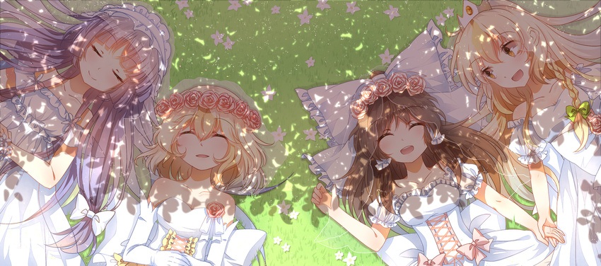 3000_xiao_chun alice_margatroid blonde_hair braids brown_hair crown dress elbow_gloves flowers grass group hakurei_reimu headdress kirisame_marisa long_hair orange_eyes patchouli_knowledge purple_hair rose shoujo_ai sleeping touhou wedding wedding_attire