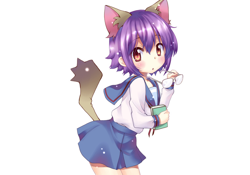 animal_ears blush book brown_eyes catgirl glasses hoshino_madoka nagato_yuki nagato_yuki-chan_no_shoushitsu photoshop purple_hair seifuku short_hair skirt suzumiya_haruhi_no_yuutsu tail white