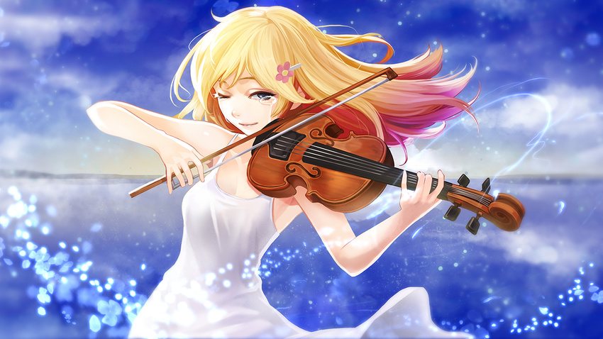 blonde_hair clouds dress goomrrat instrument long_hair miyazono_kawori shigatsu_wa_kimi_no_uso sky tears violin