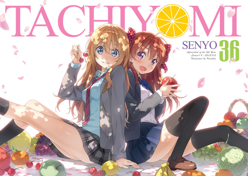 2girls apple blonde_hair blue_eyes cherry crossover food fruit gekkan_shoujo_nozaki-kun kantoku kneehighs long_hair miyazono_kawori orange_hair petals purple_eyes sakura_chiyo seifuku shigatsu_wa_kimi_no_uso shirt skirt strawberry thighhighs tie