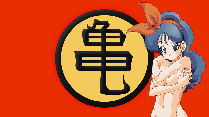 blue_hair breasts dragonball gray_eyes headdress long_hair lunch_(dragonball) navel nipples nude