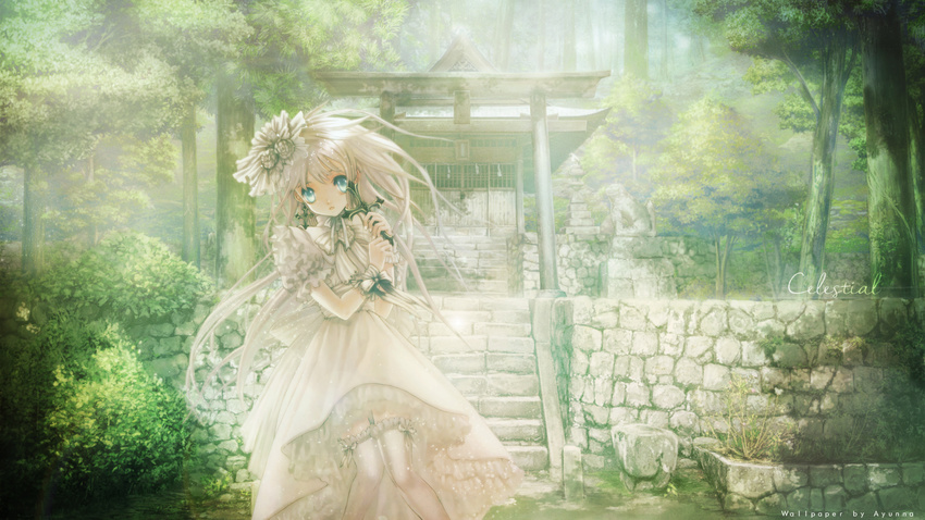 blue_eyes cross cura dress forest green headdress lolita_fashion long_hair mizusawa_hikaru monobeno photoshop shrine thighhighs torii tree watermark white_hair wristwear