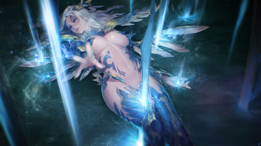 armor blue_eyes breasts defense_of_the_ancients gray_hair horns instant-ip long_hair magic navel no_bra shendelzare tattoo thighhighs wings