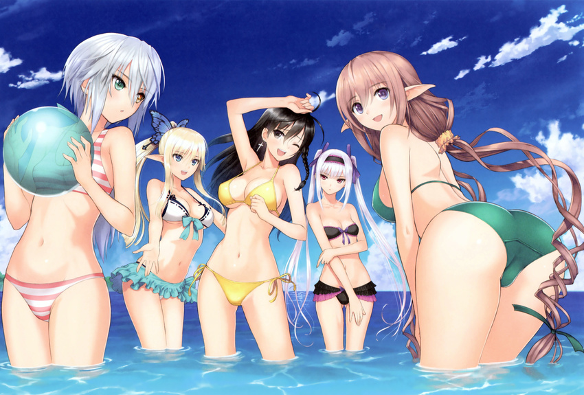 ass beach bicolored_eyes bikini breasts cleavage clouds excela_noa_aura group kirika_towa_alma marion_lu_shila pointed_ears rinna_mayfield shining_resonance sky sonia_blanche swimsuit taka_tony water wet