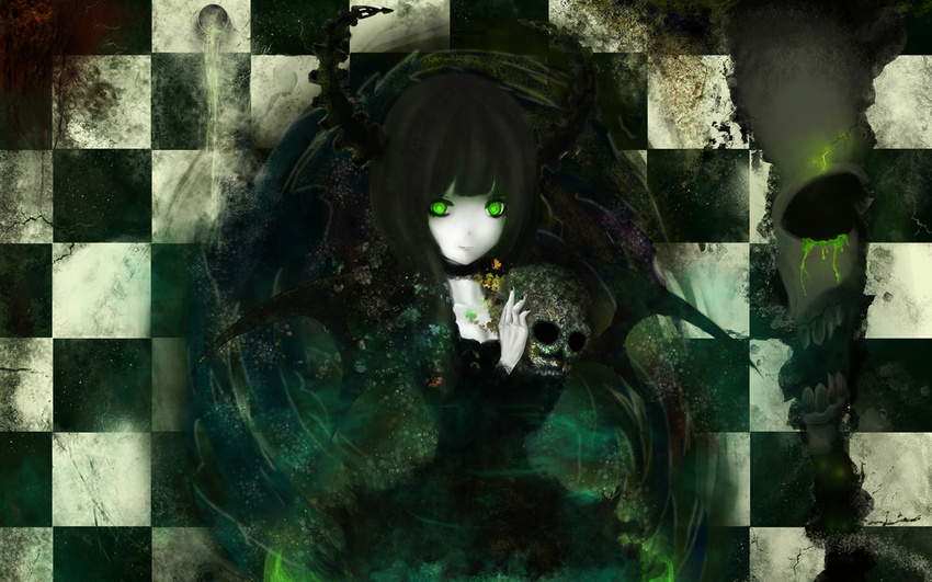 black_hair black_rock_shooter choker green_eyes horns long_hair magic skull takanashi_yomi