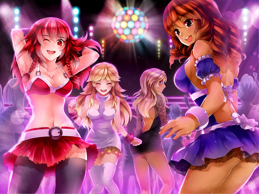 ass audrey_belrose blonde_hair blue_eyes braids breasts brown_hair cleavage dark_skin dress group hunie_pop jessie_maye kaskia lola_rembrite long_hair navel red_eyes red_hair skirt thighhighs tiffany_maye wink wristwear zettai_ryouiki