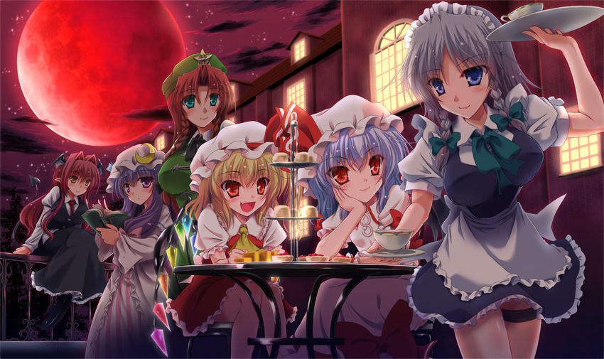 apron book bow braids demon dress drink flandre_scarlet food garter group hat headdress hong_meiling izayoi_sakuya koakuma maid moon night patchouli_knowledge pointed_ears red_eyes remilia_scarlet tail tie touhou vampire wings yamu_(reverse_noise)