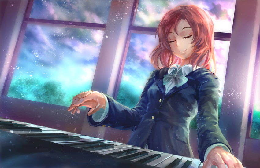 bow clouds freeze-ex instrument love_live!_school_idol_project nishikino_maki piano red_hair seifuku short_hair