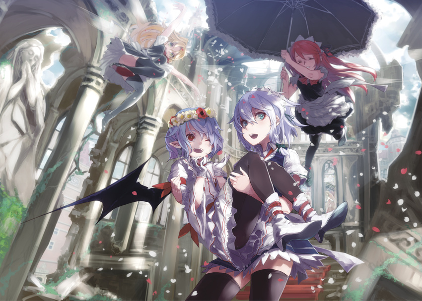 apron blonde_hair boots building fairy_maid flowers group headdress izayoi_sakuya kumonji_aruto long_hair maid pantyhose petals pointed_ears red_hair remilia_scarlet thighhighs touhou umbrella vampire wings wink
