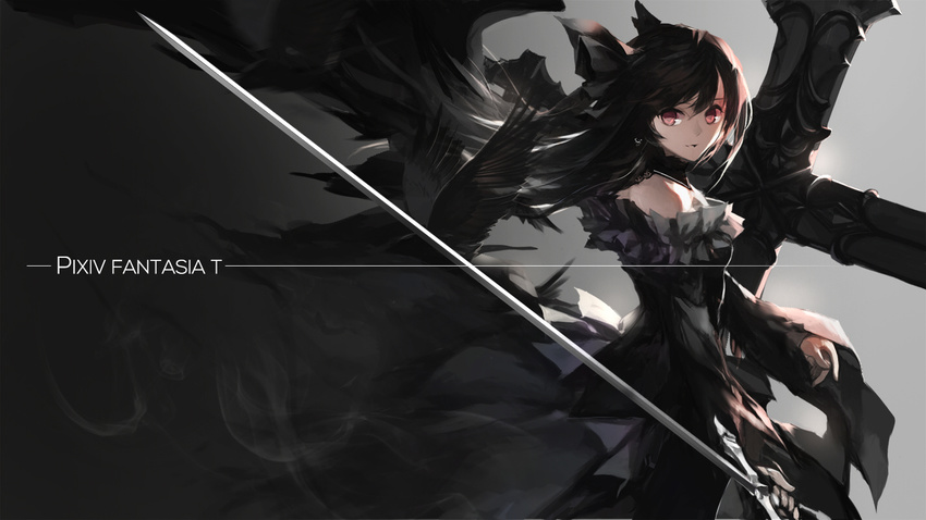 animal bird black black_hair choker cross dress goth-loli long_hair pixiv_fantasia red_eyes swd3e2 sword weapon