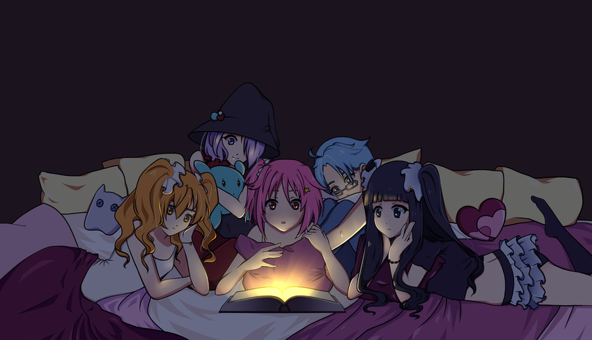 ass bed black_hair blue_eyes blue_hair book dark glasses group heart hikaru_(houkago_no_pleiades) houkago_no_pleiades pink_hair purple_eyes purple_hair teddy_bear twintails yellow_eyes