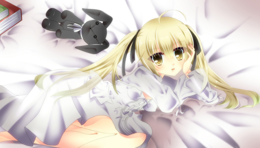 barefoot bed blonde_hair book bunny dress kasugano_sora long_hair tagme_(artist) twintails yellow_eyes yosuga_no_sora