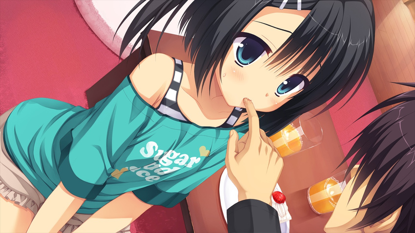 black_hair blue_eyes cake dracu-riot! drink food fruit game_cg male mera_azusa muririn mutsura_yuuto strawberry yuzusoft