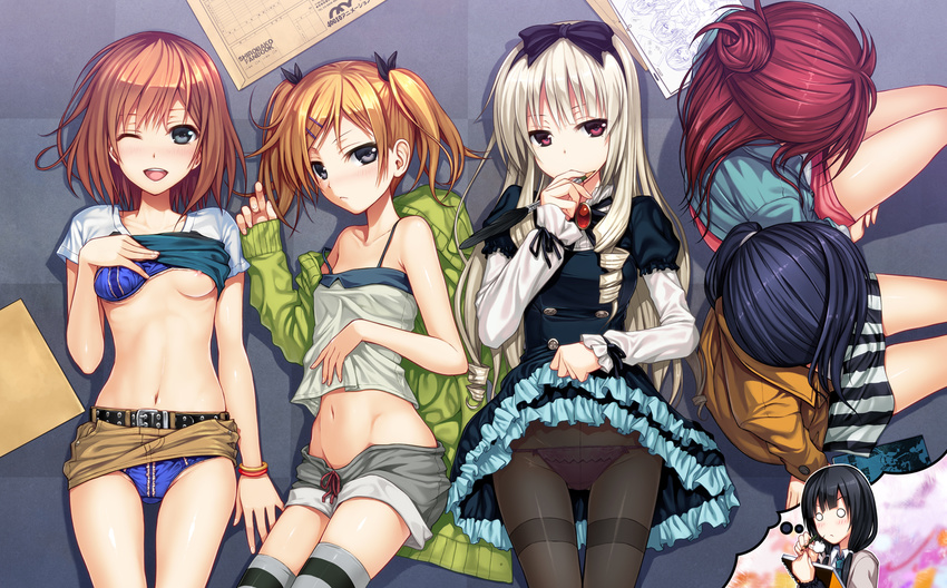 40010prototype blonde_hair blush bra breasts brown_hair group imai_midori miyamori_aoi navel nipple_slip nipples ogasawara_rinko panties pantyhose red_eyes red_hair ribbons sakaki_shizuka shirobako shirt_lift shorts skirt skirt_lift thighhighs twintails underwear wink yano_erika yasuhara_ema