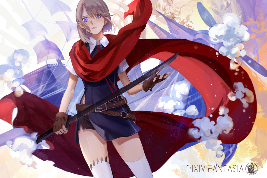 blue_eyes boat brown_hair cape gloves kirayoci pixiv_fantasia pointed_ears short_hair shorts sword thighhighs weapon