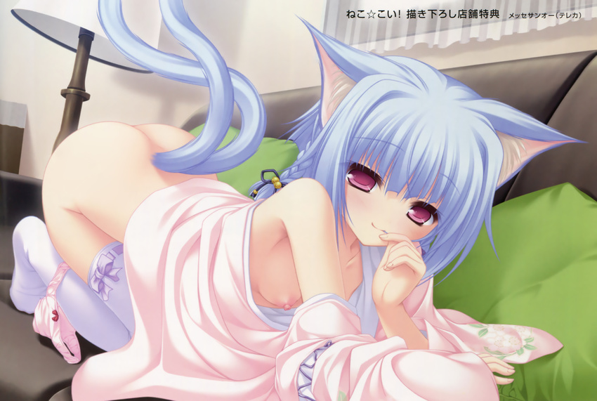 animal_ears ass blue_hair breasts catgirl japanese_clothes kiryuu_hina mikagami_mamizu multiple_tails neko_koi nipples no_bra panties panty_pull tail thighhighs underwear whirlpool