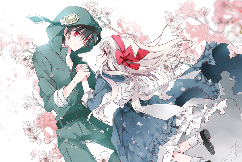 bow dress flowers headband kagerou_project kozakura_mary long_hair male ra-bit red_eyes seto_kousuke socks