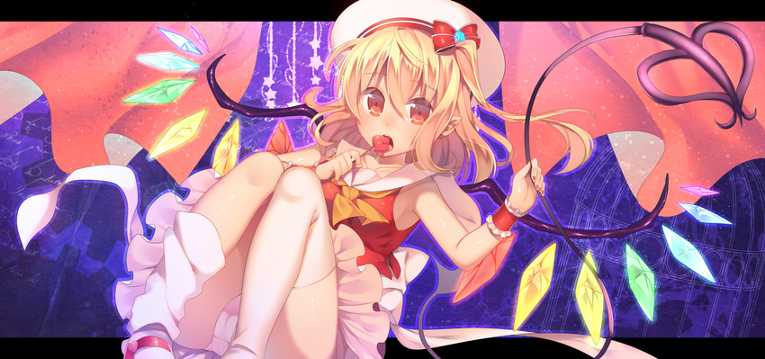 blonde_hair bow candy flandre_scarlet hat lollipop niwashi_(yuyu) panties pointed_ears red_eyes skirt thighhighs touhou underwear vampire wings wristwear