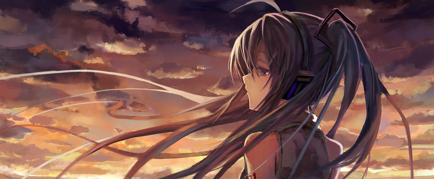 clouds hatsune_miku headphones long_hair sunset tianya_beiming twintails vocaloid