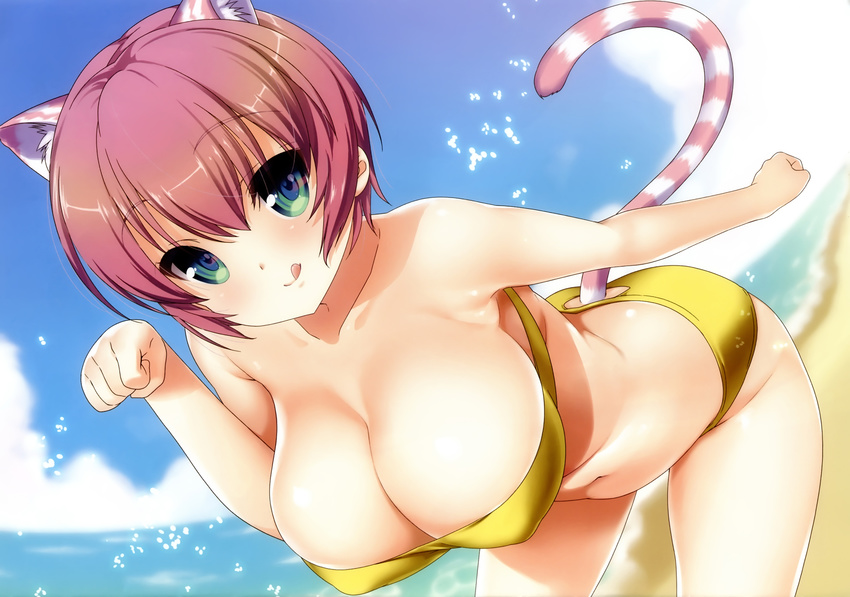 animal_ears beach bikini breasts catgirl cleavage erect_nipples green_eyes nanase_meruchi original red_hair scan short_hair swimsuit tail