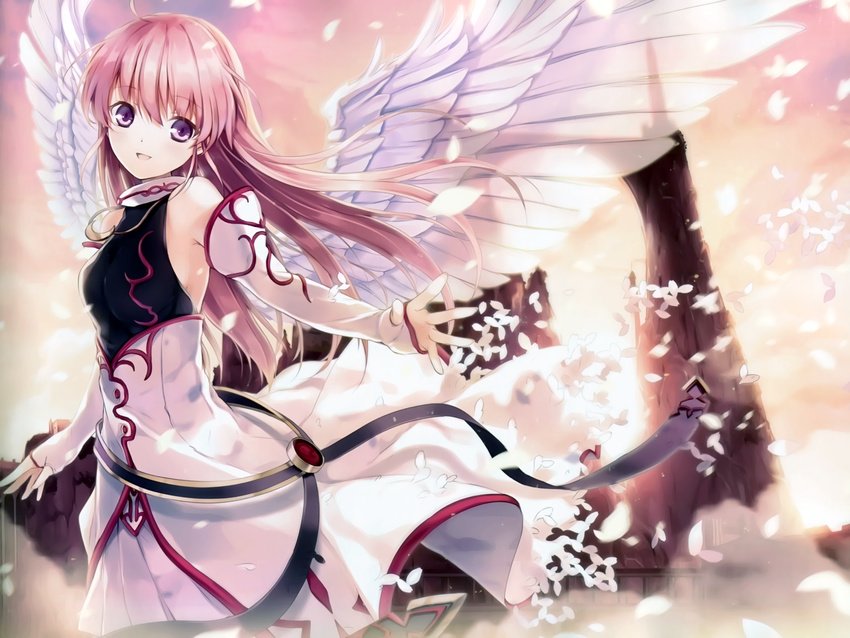 aiyoku_no_eustia august bekkankou eustia_astraea long_hair no_bra petals pink_hair wings