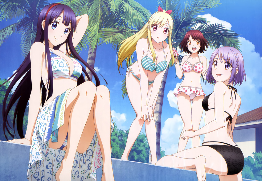 ass asuka_mikoto barefoot bikini breasts cleavage itou_miyabi megami odagiri_nene pool scan shiraishi_urara swimsuit tagme_(artist) yamada-kun_to_nananin_no_majo