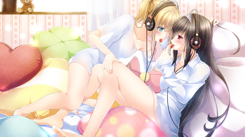 2girls barefoot bed black_hair blonde_hair blue_eyes blush cherry food fruit headband headphones kasumigaoka_utaha no_bra red_eyes saenai_heroine_no_sodatekata sakura_yayoi sawamura_spencer_eriri see_through shirt shoujo_ai