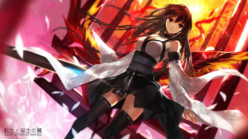 brown_hair choker eien_no_aselia japanese_clothes long_hair narukana skirt swd3e2 thighhighs watermark wings zettai_ryouiki