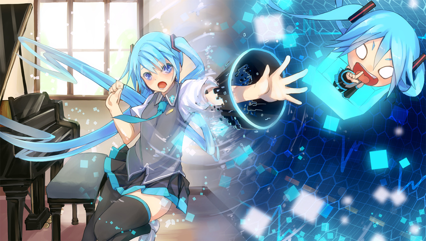 aqua_hair blue_eyes blush fu-ta hachune_miku hatsune_miku instrument long_hair piano skirt thighhighs tie twintails vocaloid