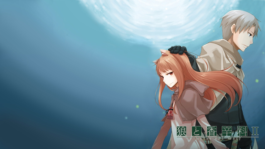 animal_ears brown_hair craft_lawrence gradient gray gray_hair horo jpeg_artifacts long_hair male red_eyes short_hair spice_and_wolf wolfgirl
