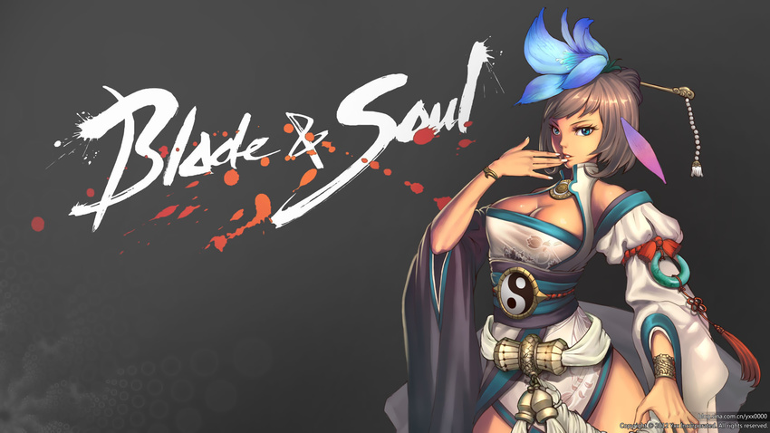 blade_&amp;_soul breasts brown_hair cleavage headdress jpeg_artifacts short_hair tagme_(character) wristwear xiang