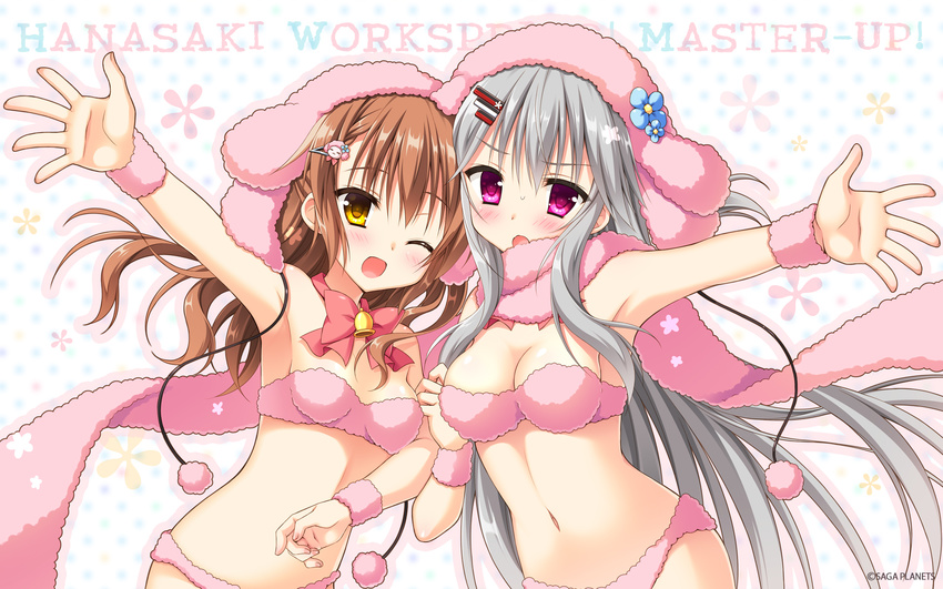 2girls bikini blush breasts cleavage hanasaki_nonoka hanasaki_work_spring hontani_kanae long_hair saga_planets shiranui_inori swimsuit wink