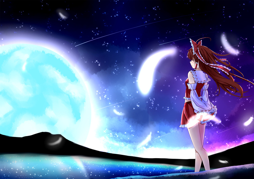 brown_eyes brown_hair hakurei_reimu japanese_clothes miko moon night tianya_beiming touhou