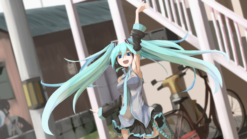 aqua_hair bicycle building fushichou hatsune_miku long_hair motorcycle skirt stairs thighhighs tie twintails vocaloid