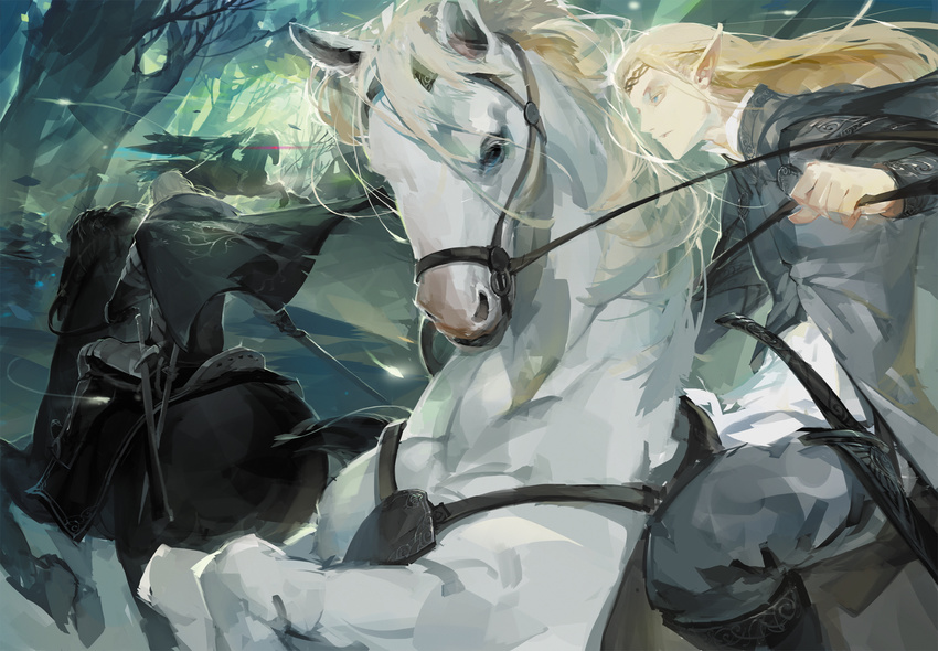 all_male animal blonde_hair cape forest headband horse long_hair male original pointed_ears rained sword the_hobbit tree weapon