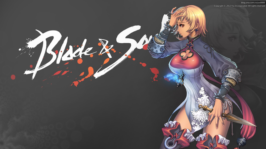armor blade_&amp;_soul blonde_hair breasts cleavage jpeg_artifacts red_eyes short_hair signed tagme_(character) watermark weapon wristwear xiang zoom_layer