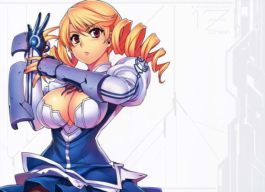 armor blonde_hair blush breasts christine_evora cleavage freezing kim_kwang-hyun long_hair red_eyes scan twintails