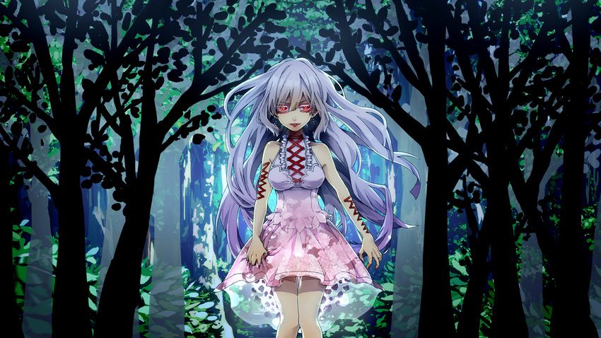 dress forest gray_hair long_hair pipipiosuke red_eyes silhouette tree vocaloid