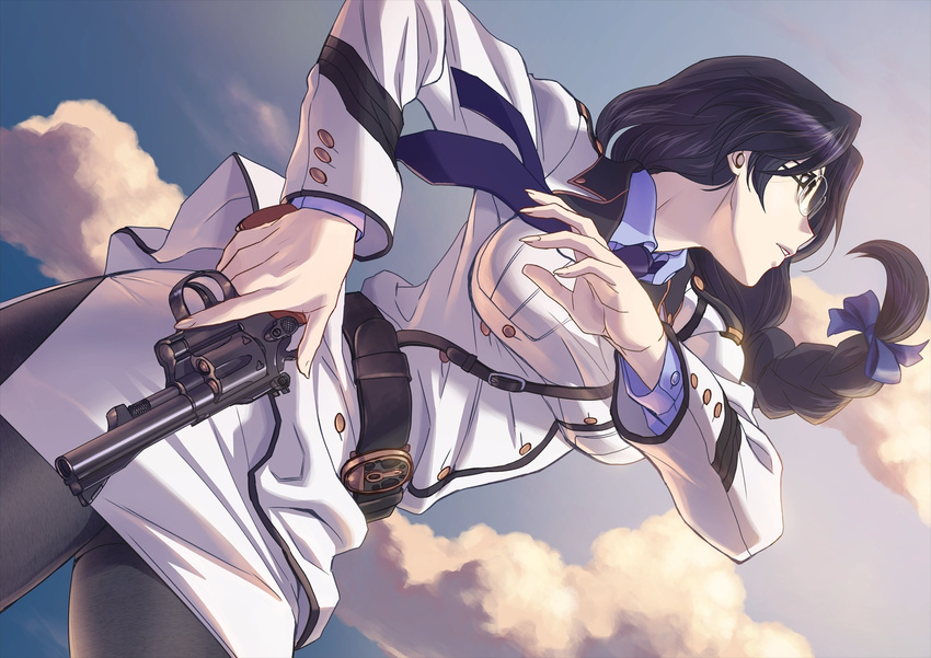 black_hair braids close clouds glasses gono_hitomi gun long_hair pantyhose rail_wars! tagme_(artist) uniform weapon