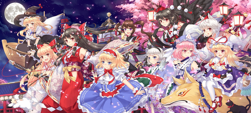 alice_margatroid animal animal_ears black_hair blonde_hair blue_eyes bow braids brown_hair dress group hakurei_reimu hat headband himekaidou_hatate horns ibuki_suika inubashiri_momiji japanese_clothes kirisame_marisa konpaku_youmu long_hair miko moon myon night pc9527 petals phone pink_eyes pink_hair purple_eyes red_eyes saigyouji_yuyuko shameimaru_aya sheep short_hair sword touhou weapon white_hair wings witch witch_hat wolfgirl yakumo_yukari yellow_eyes