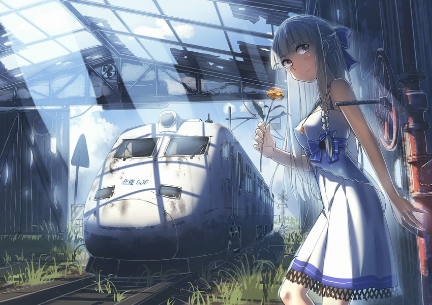 aoki_(miharuu) blonde_hair bow braids building dress erect_nipples flowers grass industrial long_hair necklace original ponytail ruins train