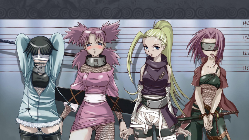 bandage black_hair blindfold blonde_hair blue_eyes bondage haruno_sakura hyuuga_hinata jpeg_artifacts long_hair naruto pink_hair shackles short_hair tasaka_shinnosuke temari yamanaka_ino