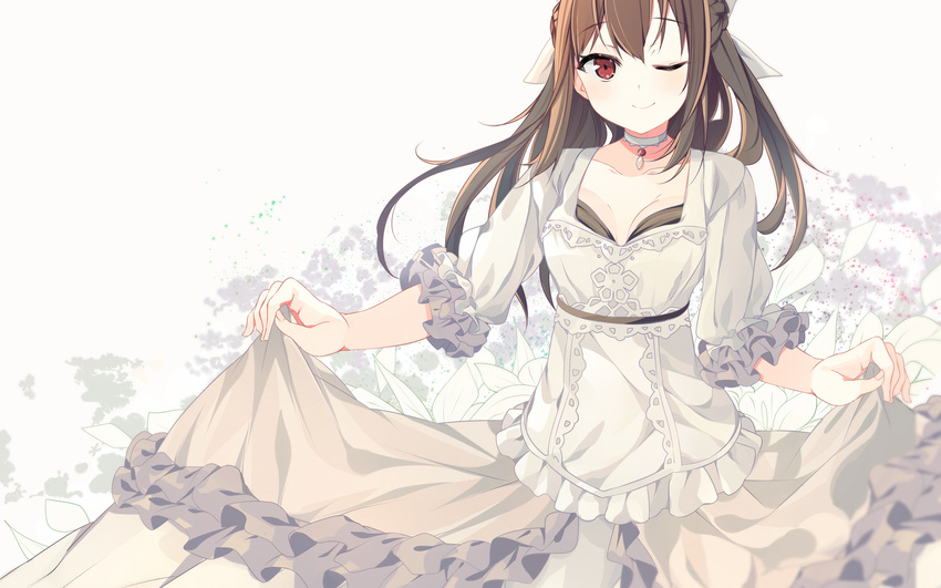 benio_(dontsugel) breasts brown_eyes brown_hair cleavage collar collarbone dress hair_ribbon highres koi_suru_kanojo_no_bukiyou_na_butai long_hair looking_at_viewer medium_breasts one_eye_closed ribbon skirt_hold smile solo togawa_mayuu white_dress white_ribbon