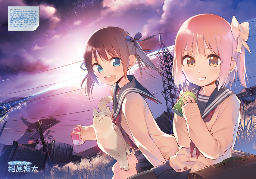 aihara_shouta animal blue_eyes brown_eyes brown_hair cat city clouds dengeki_moeoh drink grass jpeg_artifacts original pantyhose scenic seifuku short_hair signed sky stars translation_request water